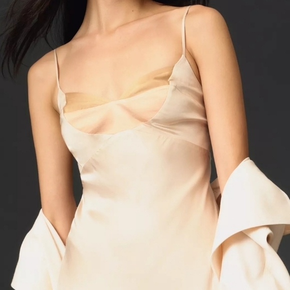 Anthropologie Colorblock Darted Satin Bow Back Slip Dress in Cream and Peach NWT - Picture 3 of 10